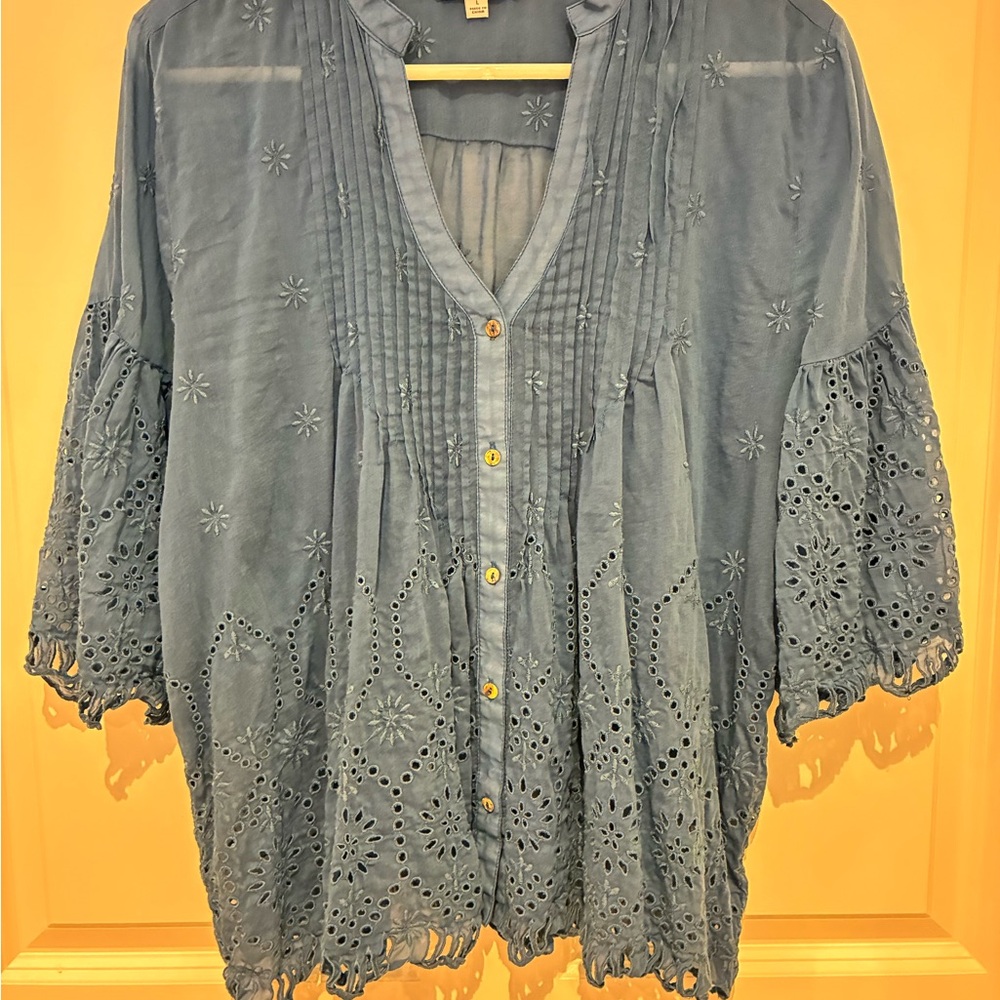 Johnny Was Eyelet Blue Women's Top